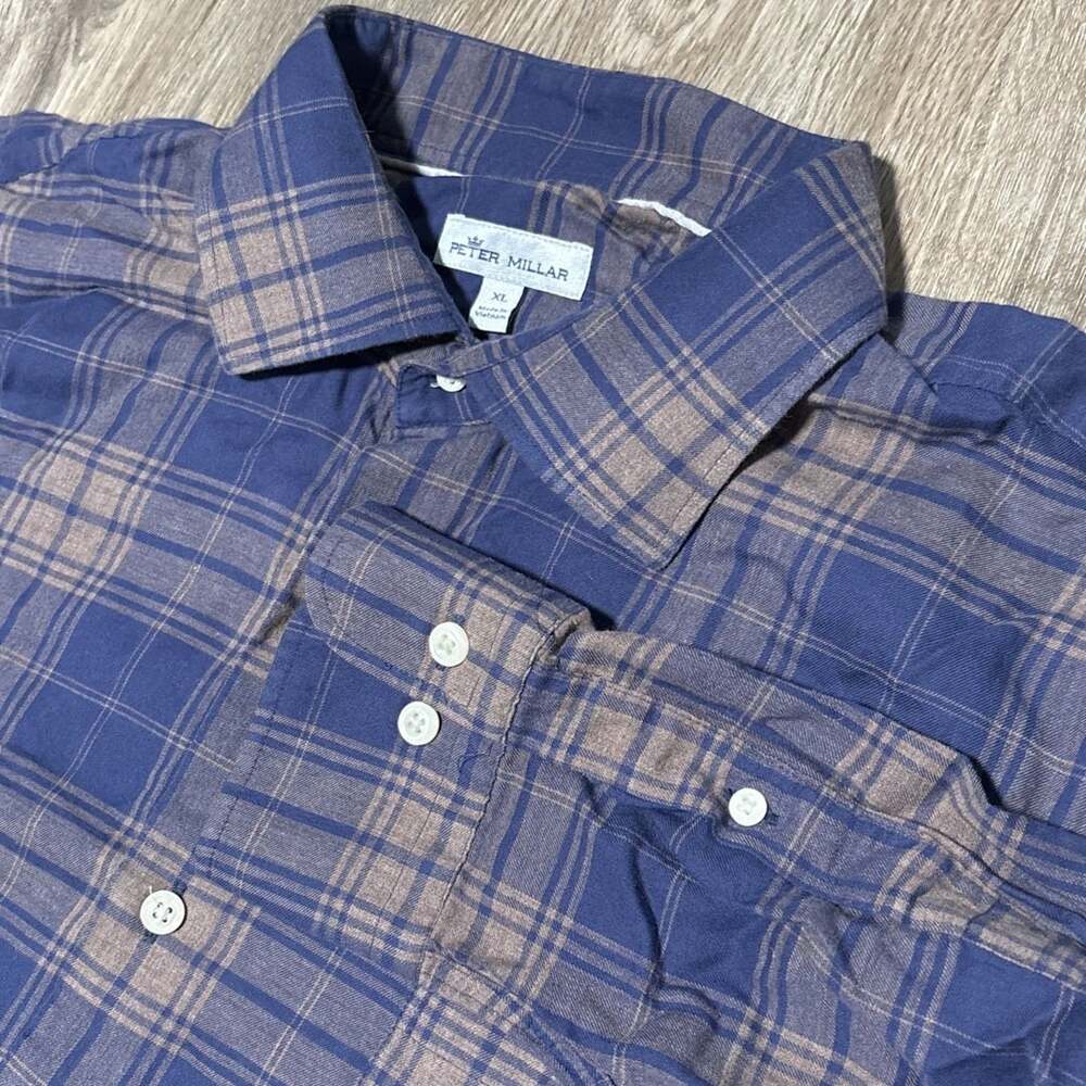 PETER MILLAR Long Sleeve Plaid Cotton Shirt XL Button-up CHECK Blue/Brown